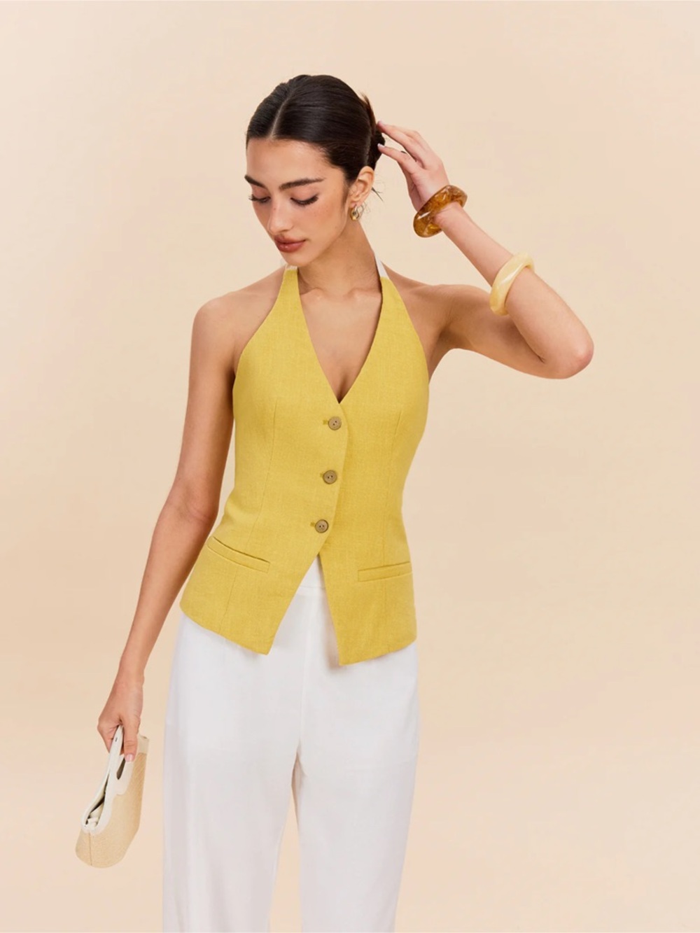 Commense Cotton & Linen Halter Top With Decor Pocket Yellow